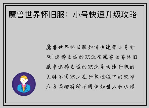 魔兽世界怀旧服：小号快速升级攻略